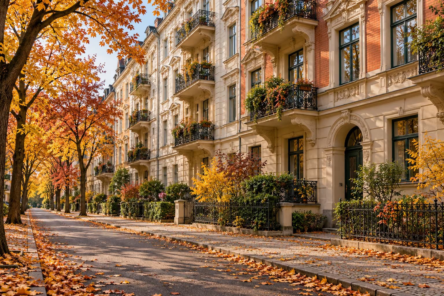 Sonbahar yapraklarıyla kaplı, ağaçlıklı sakin bir sokak boyunca balkonlu, süslü cepheli savaş öncesi apartmanlar.