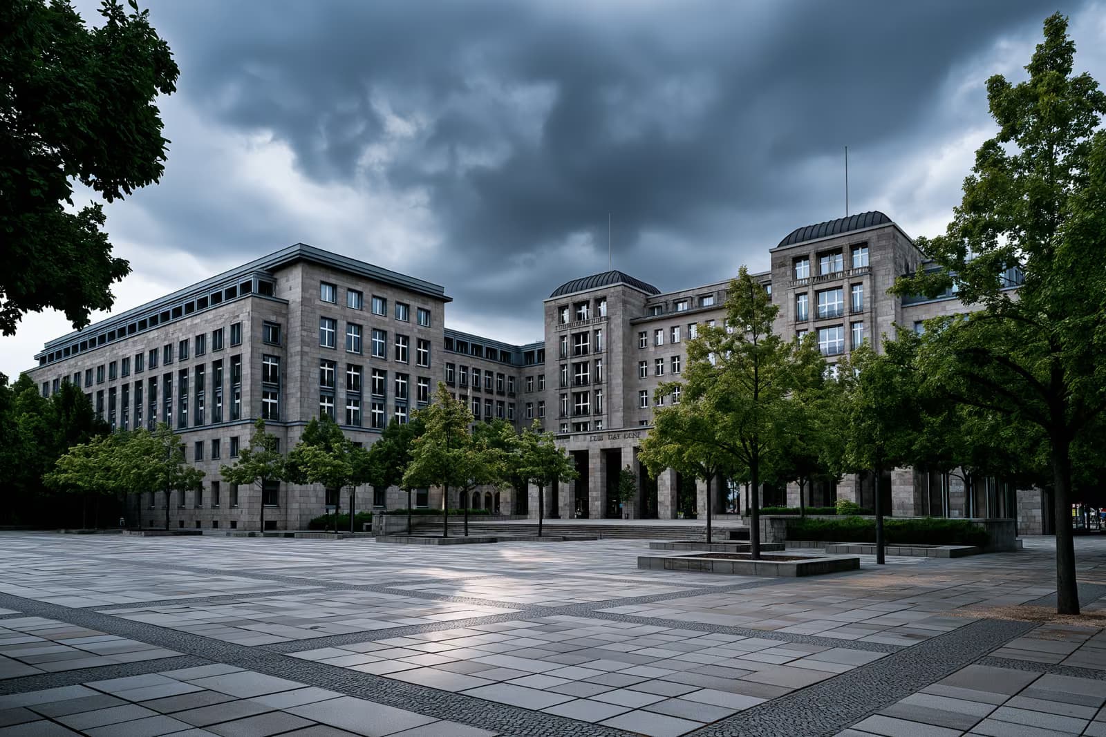 Kasvetli bir gökyüzünün altında, boş bir meydanın arkasında görünen Alman federal parlamento binası.
