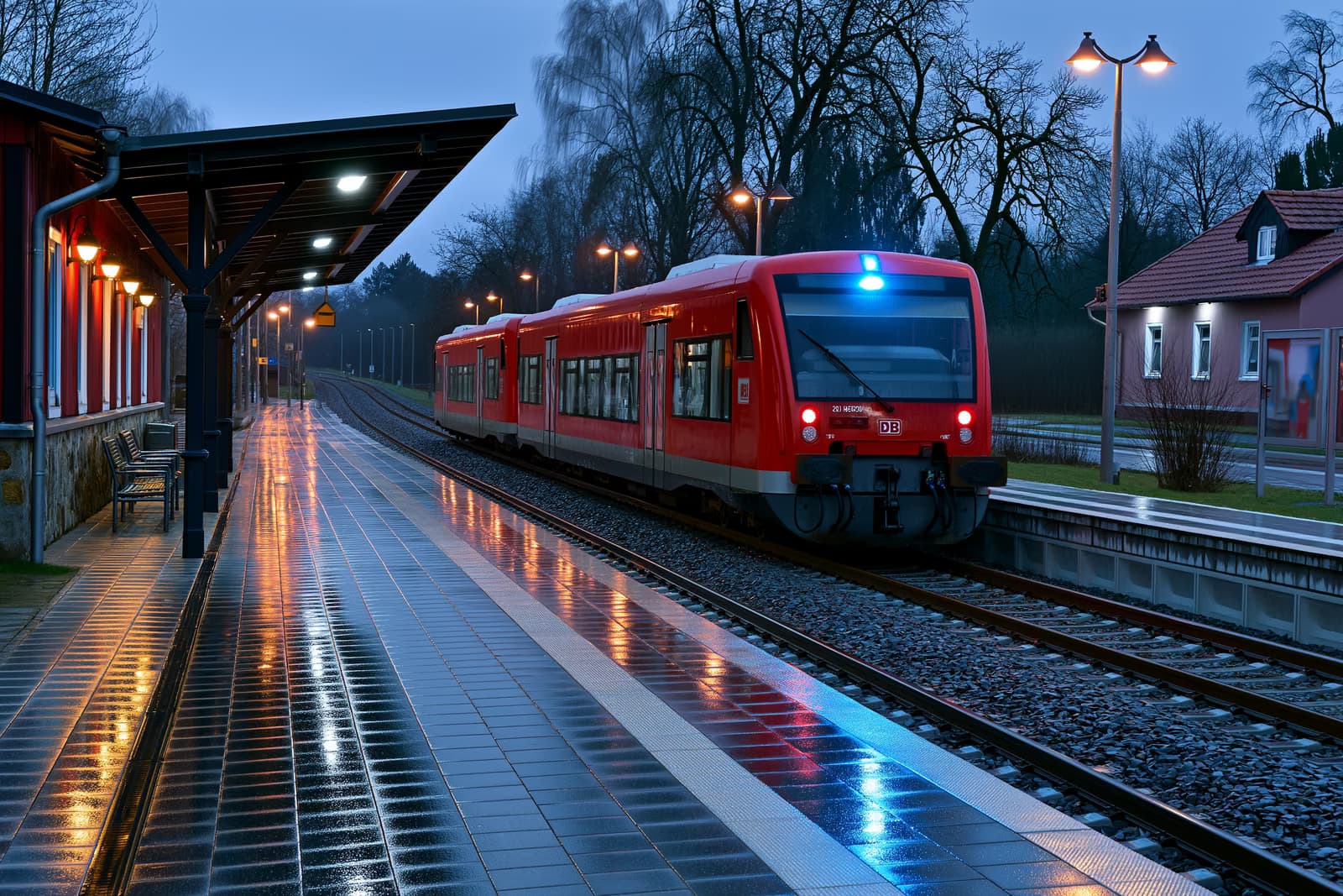 Alacakaranlıkta, kırmızı bir bölgesel tren küçük bir Alman istasyonunda durdu; acil durum ışıkları platforma yansıyordu.