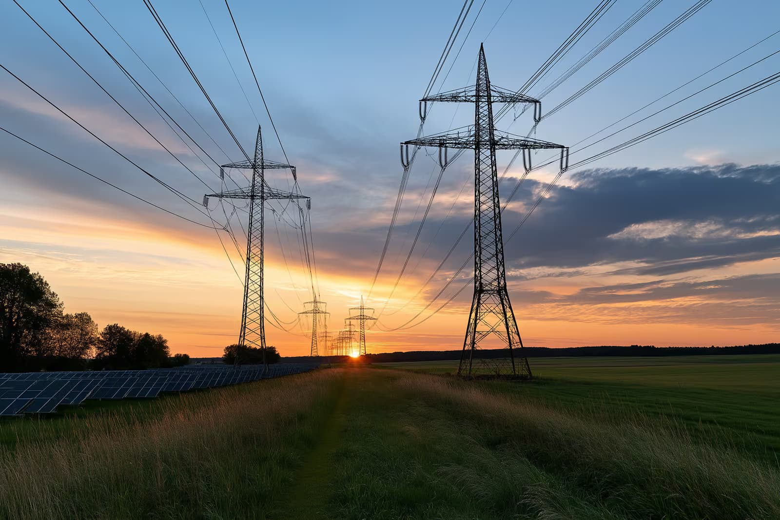 Açık kırsal alandan geçen bir sıra yüksek gerilim elektrik direği.