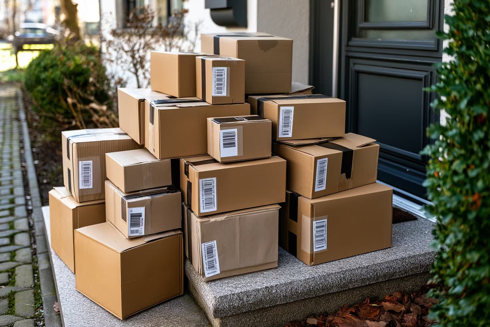 Bir masanın üzerinde duran teslim edilmiş paketlerin yanında, çevrimiçi bir alışveriş sitesi uygulamasını gösteren bir akıllı telefon.