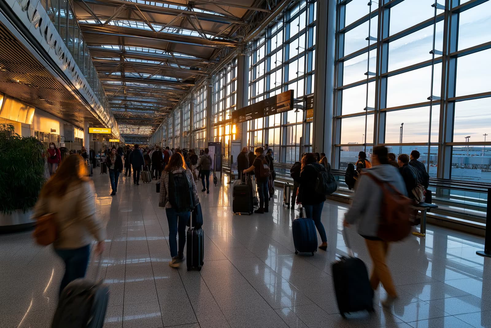 Valizleriyle birlikte uluslararası bir havaalanının aydınlık geliş salonundan geçen yolcular.
