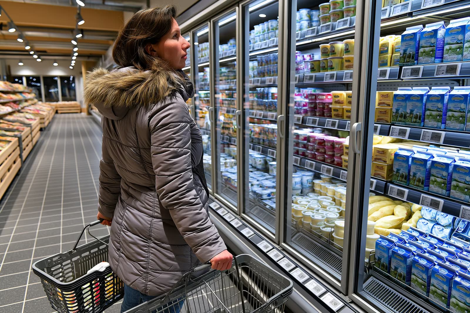 Almanya'da bir müşteri, elinde süt ürünleri ve yumurtaların bulunduğu süpermarket raflarındaki gıda fiyatlarını karşılaştırıyor ve fişi gösteriyor.