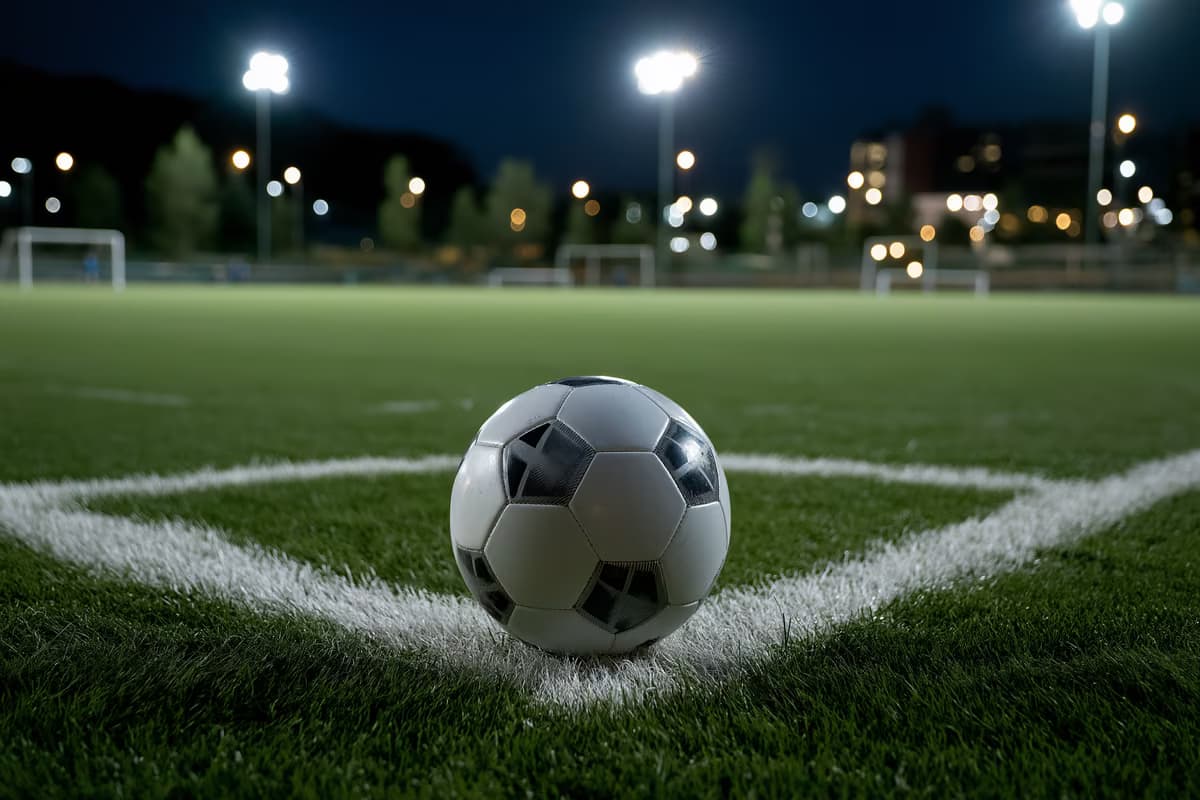 Işıklandırılmış bir sahanın penaltı noktasında tek başına duran bir futbol topu.