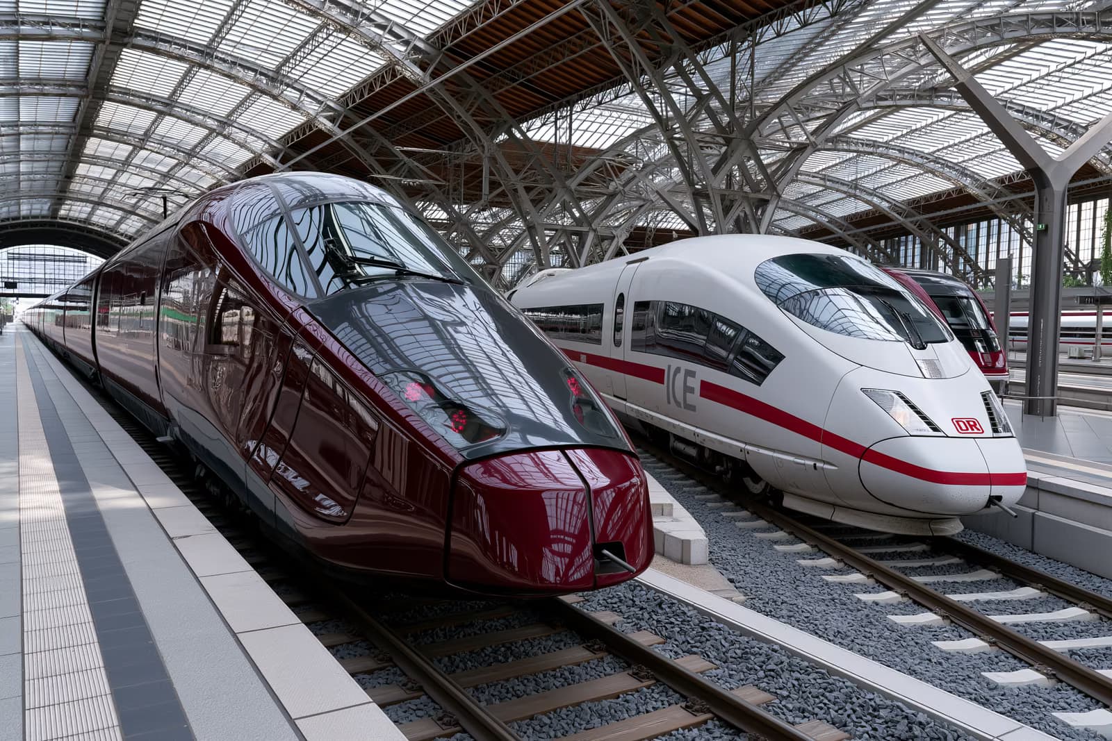 Almanya'daki bir tren istasyonunun salonunda, paralel raylarda ilerleyen koyu kırmızı bir yüksek hızlı trenin yanında beyaz bir ICE treni duruyor; bu görüntü, İtalya'nın Deutsche Bahn'a meydan okumasını simgeliyor.