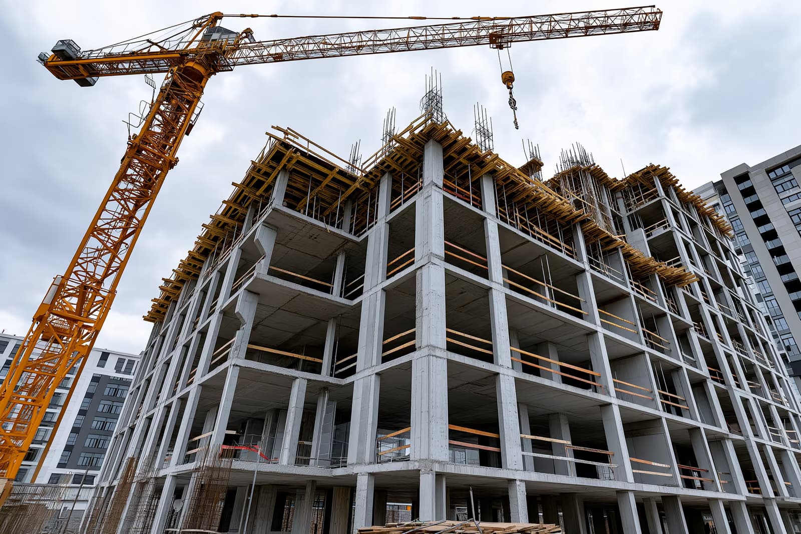 Paslanmış bir vincin altında, pencereleri boş kalmış, tamamlanmamış bir betonarme bina iskeleti; Krankenkassen fonunun başarısız gayrimenkul işlemlerinden kaynaklanan kayıplarının bir görüntüsü.