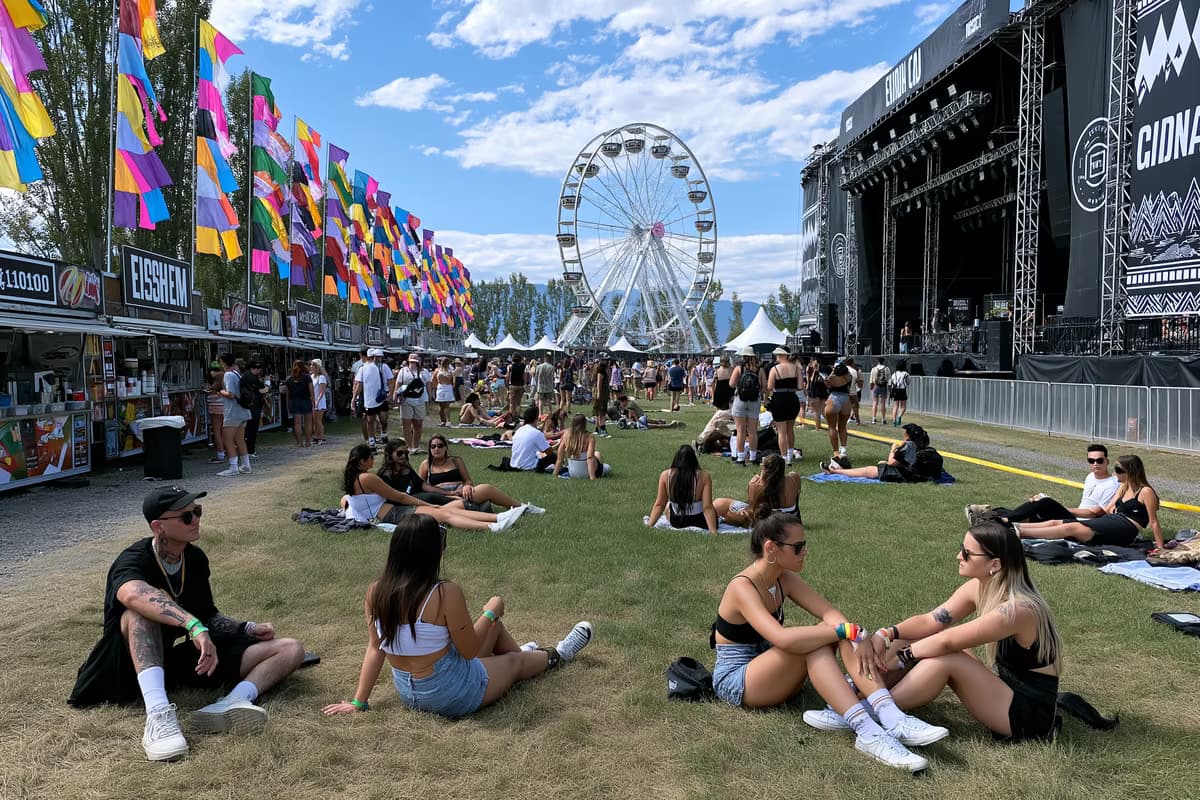Lollapalooza Berlin festival alanının gündüz hali: Renkli bayraklar, yiyecek tezgahları ve çimlerde dinlenen ziyaretçiler.