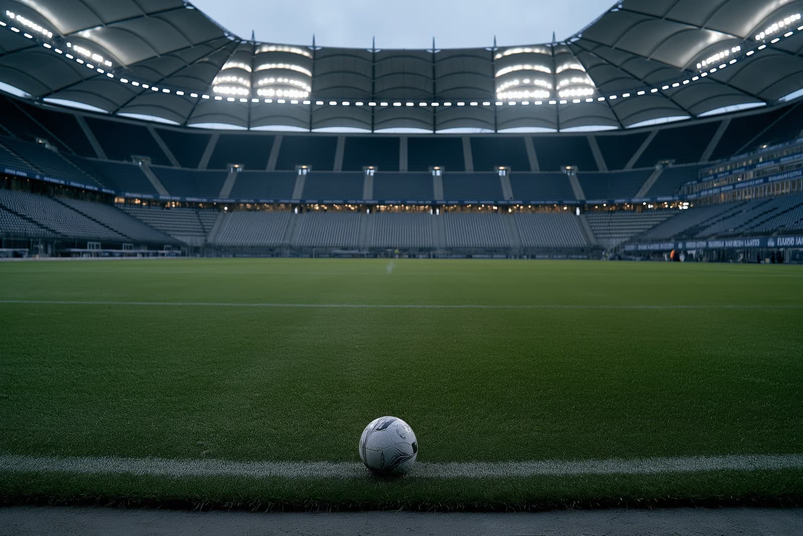 Hamburg'daki boş futbol stadyumu, alacakaranlıkta projektörler açıkken ve Vuskovic'in HSV'den ayrılmasının ardından orta sahada tek başına duran bir topla birlikte.