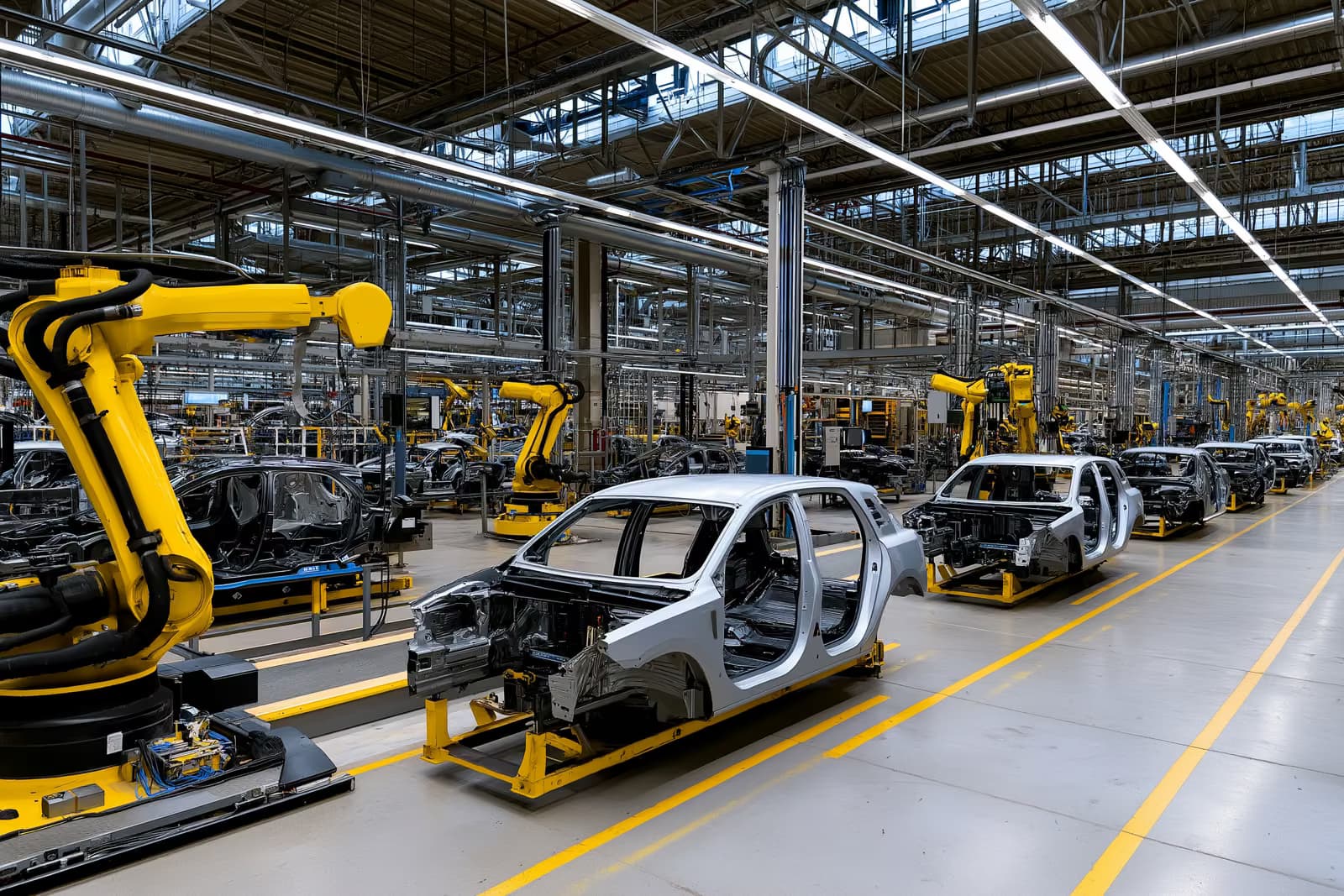 Robotik kolların ve kısmen monte edilmiş araçların bulunduğu büyük bir otomobil fabrikası montaj salonu.
