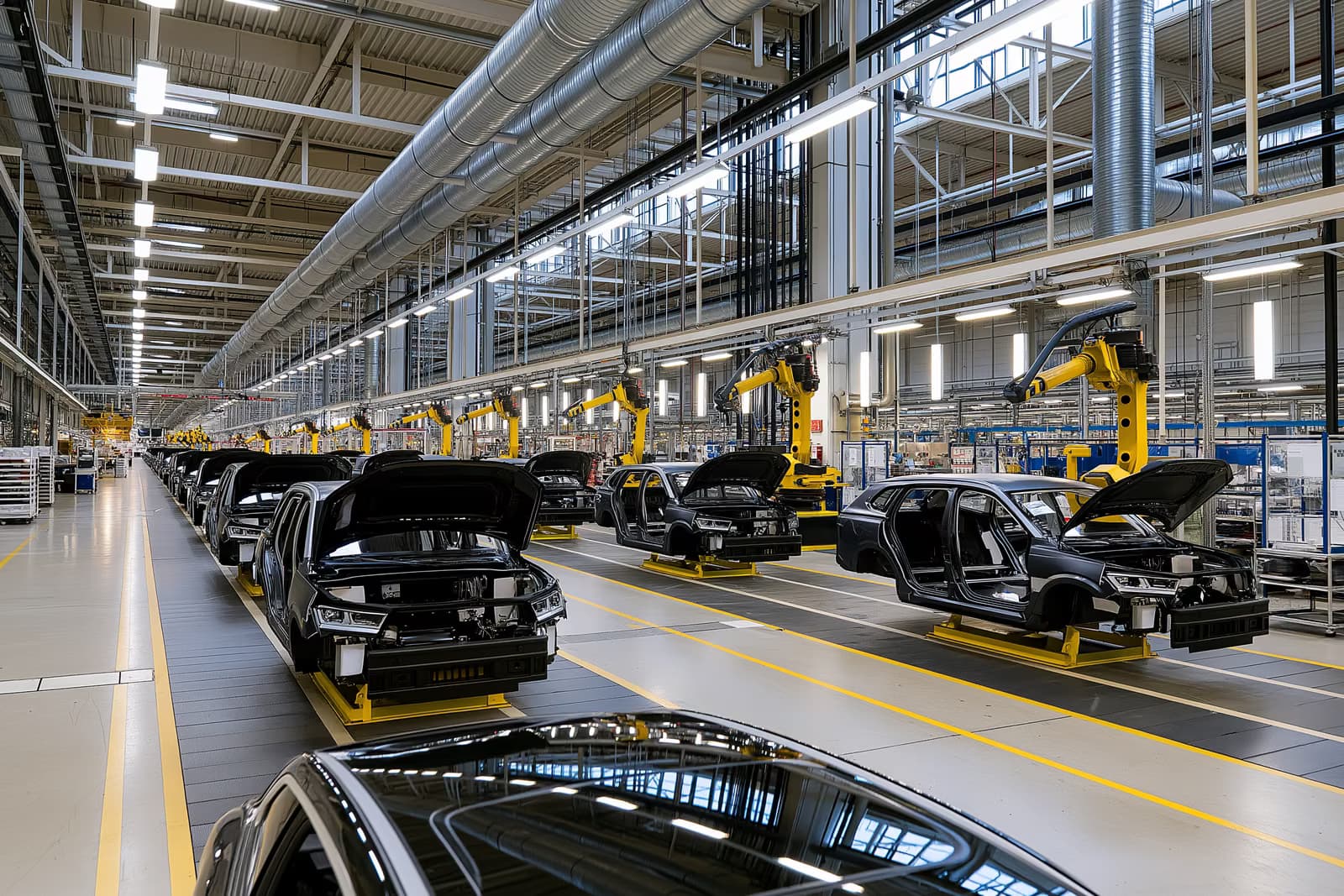 Volkswagen'in fabrika kapanışlarıyla ilgili anlaşmazlık devam ederken, robotik kollar Volkswagen montaj hattında henüz tamamlanmamış otomobil gövdelerinin üzerinde durakladı.