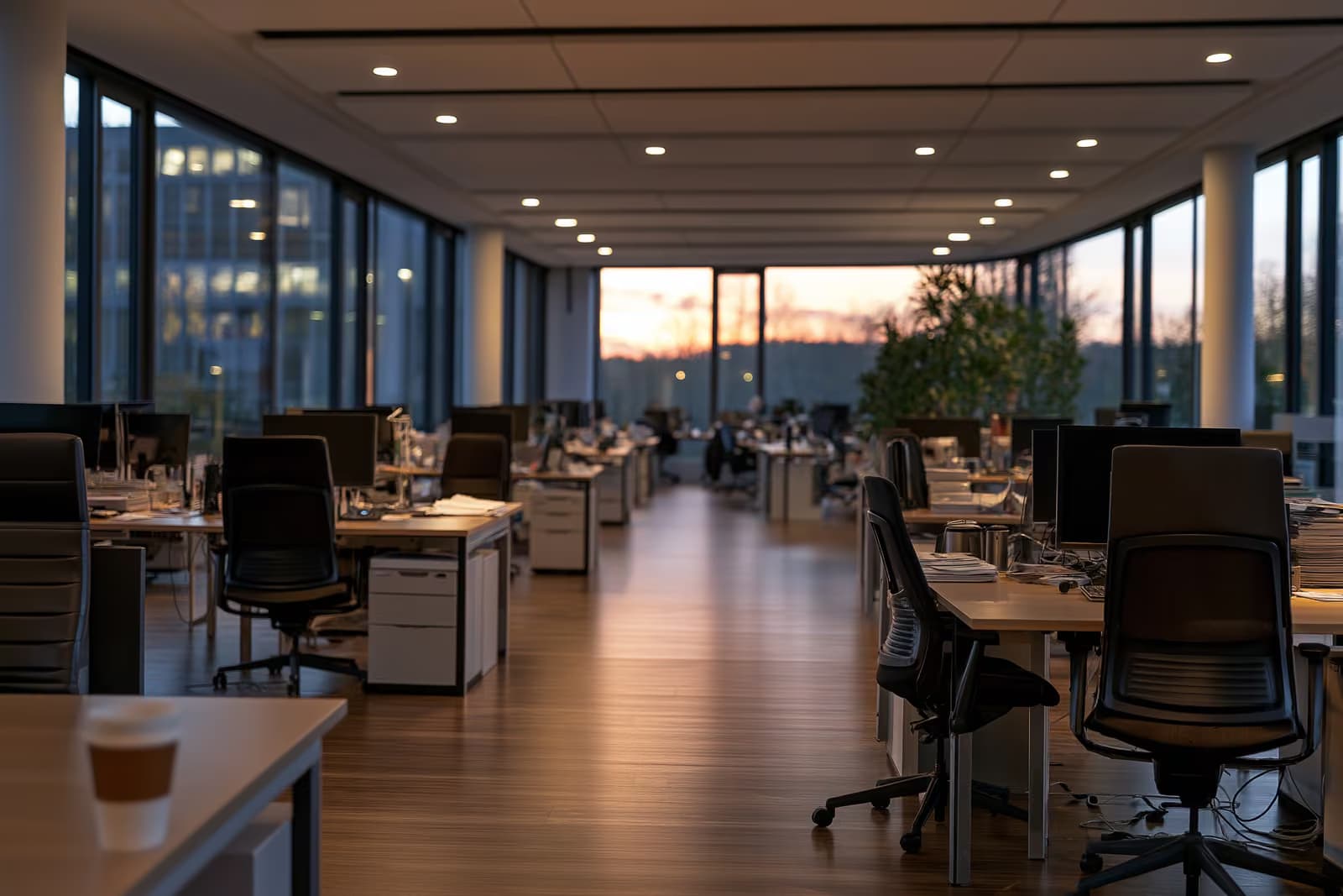 Modern bir Alman iş yerinde, öğleden sonra geç saatlerde bir ofis çalışanı duvardaki saate bakıyor.