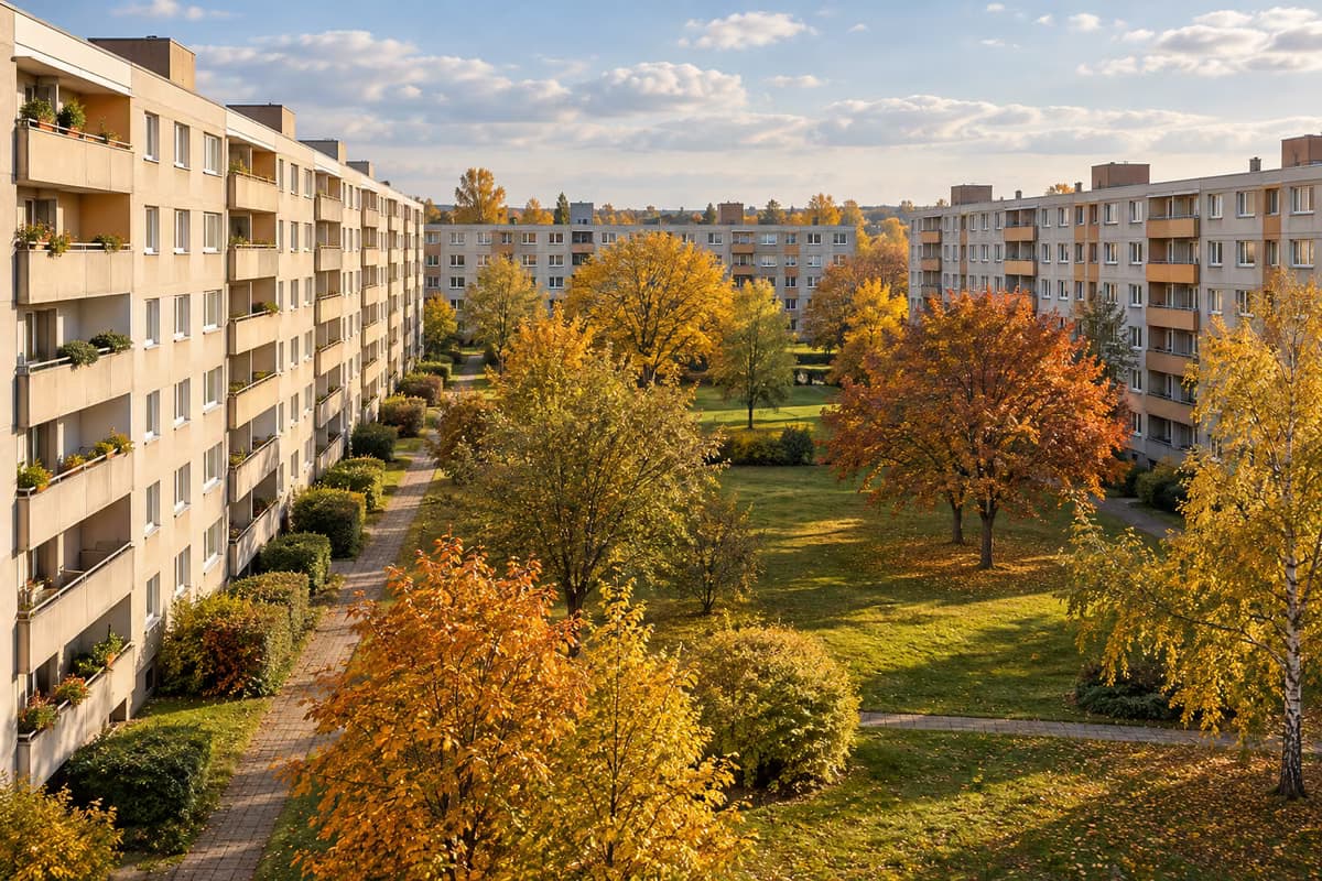 Öğleden sonra güneşinde, sonbahar ağaçlarıyla dolu yeşil bir avlunun çevresinde uzun apartman blokları bulunan savaş sonrası bir konut sitesi.