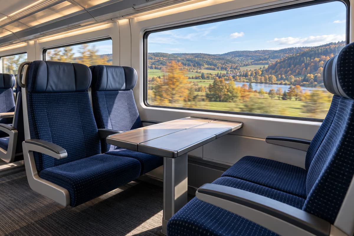 Modern bir tren vagonunda masanın etrafında mavi döşemeli boş koltuklar, pencerenin dışından bir göl ve sonbahar tepeleri geçiyor.
