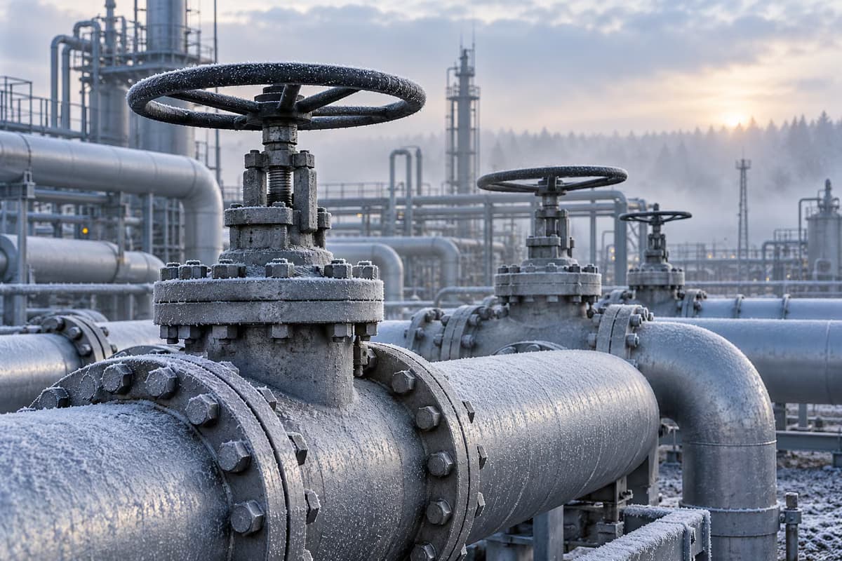 Sisli bir kış sabahında bir gaz tesisinde, büyük volanlı vanalara sahip, kırağıyla kaplı endüstriyel gaz borularının yakın çekimi.