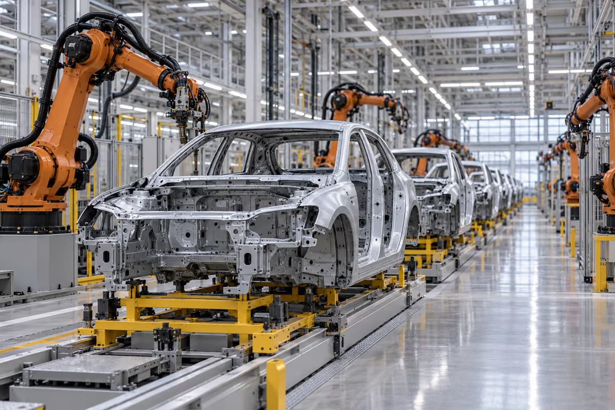 Boyasız otomobil gövdeleri, aydınlık bir fabrika salonunda turuncu robot kolların arasında bir montaj hattında sıra halinde duruyor.