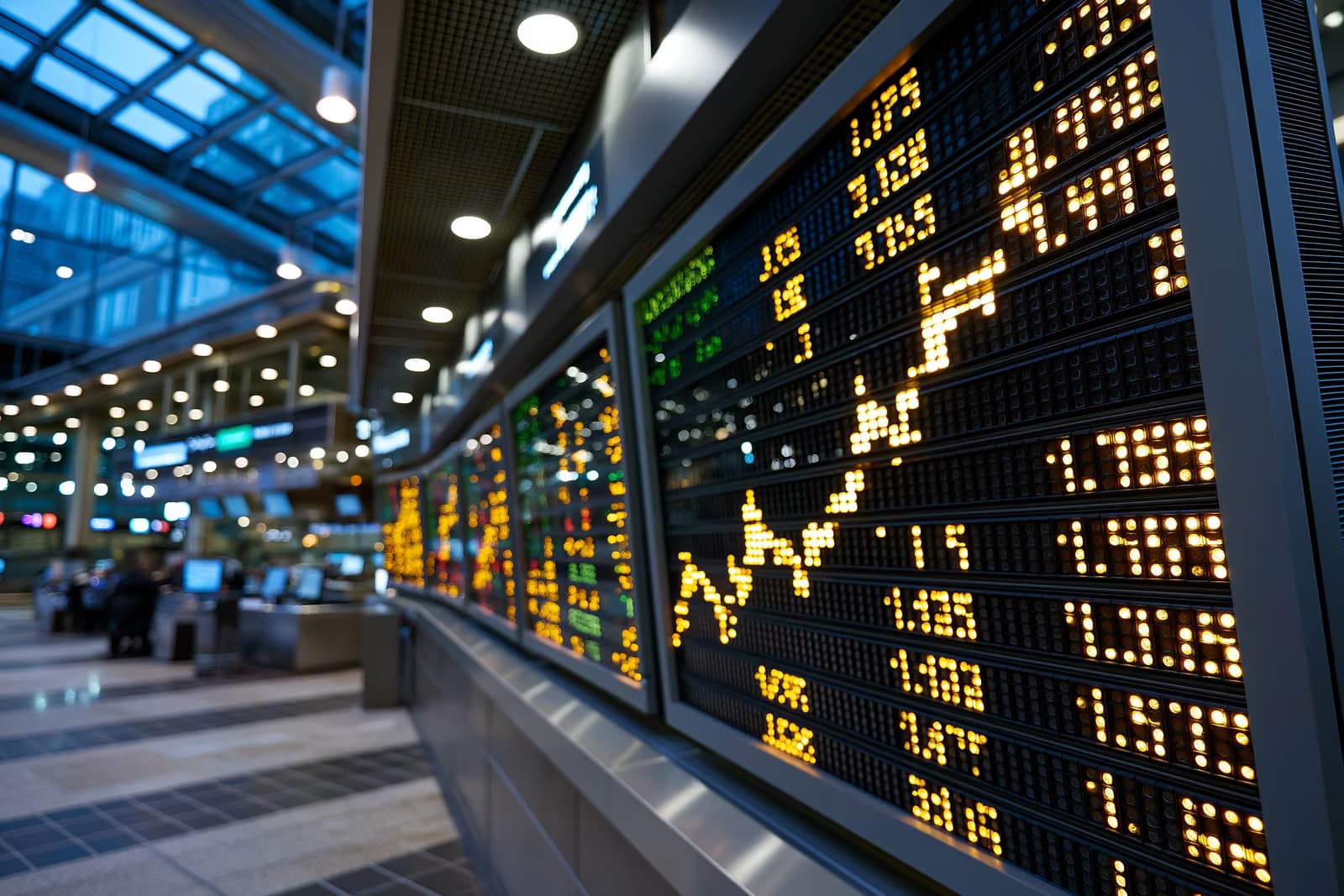 Frankfurt'taki modern bir borsa salonunun içinde, alacakaranlıkta parlak bir elektronik borsa bilgi ekranı ışıldıyor.