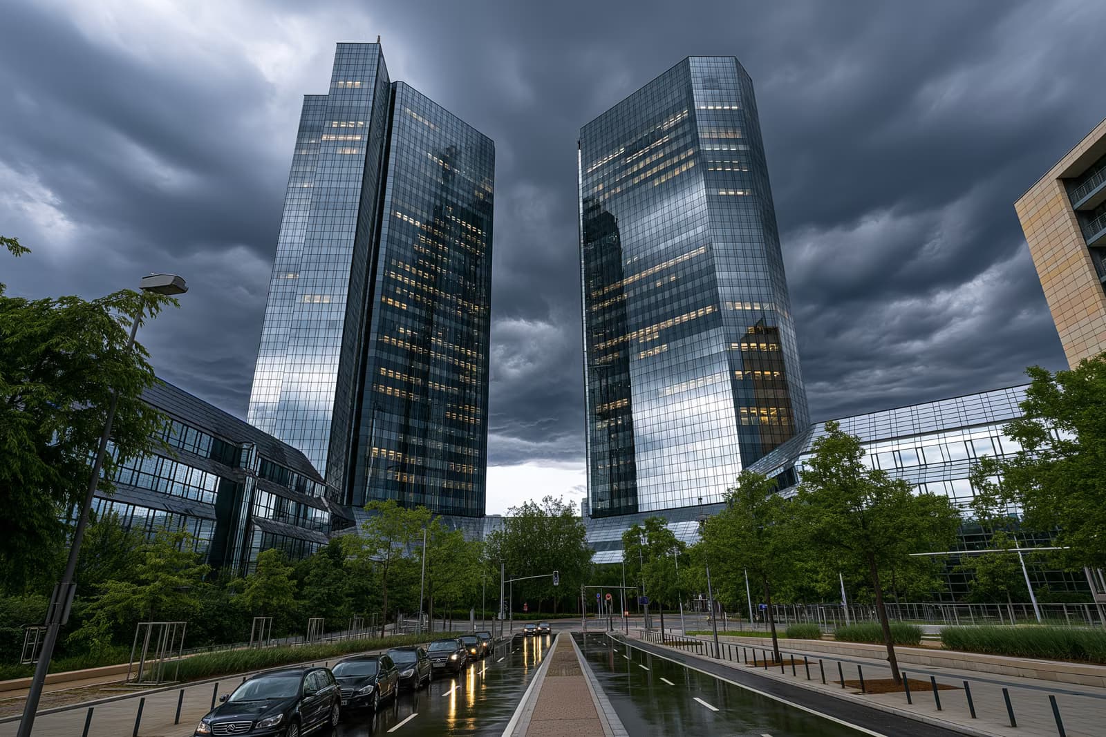 Frankfurt'taki bir banka genel merkezinin ikiz cam kuleleri, Deutsche Bank baskınının ardından kara bulutların altında yükseliyor.