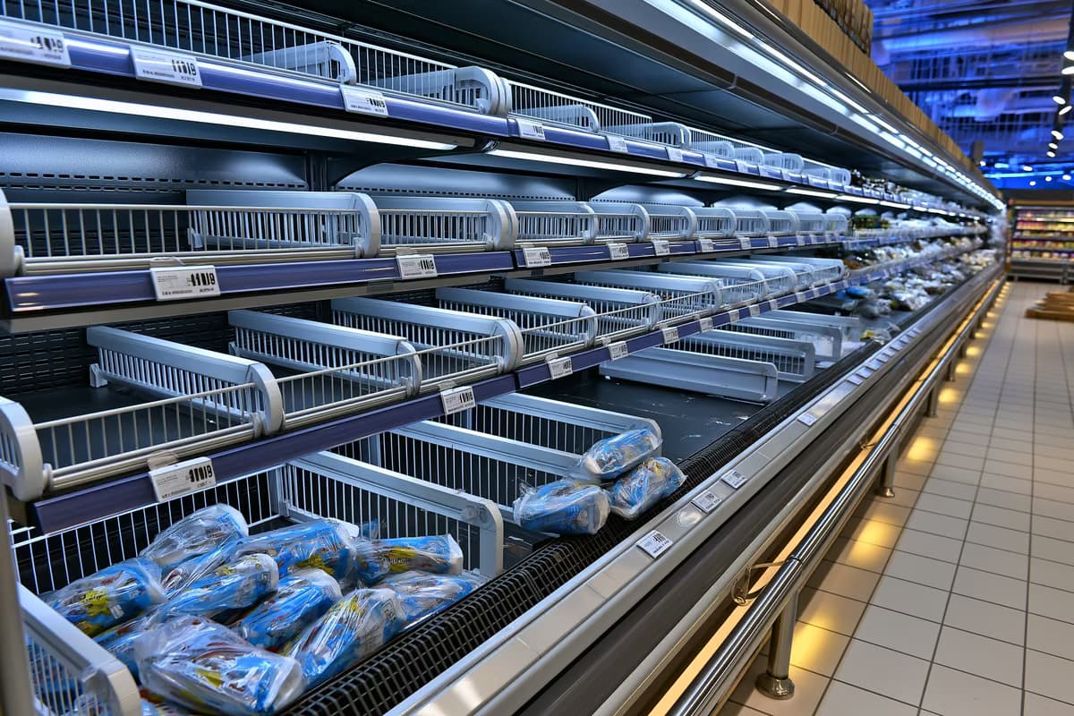 Almanya'daki sosis geri çağırma olayının ardından, soğutuculu bir süpermarket rafında birkaç paket sosisin kaldığı boş bir görüntü.