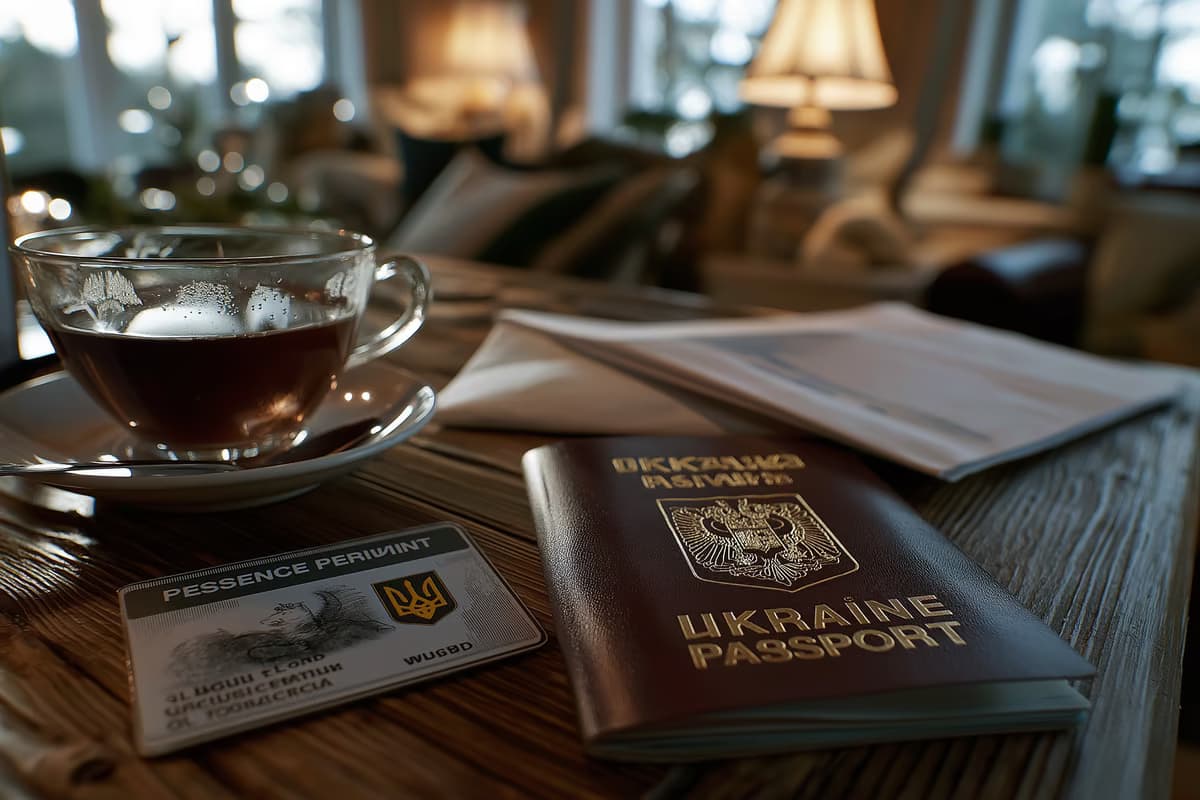Bir Alman evinde bir masanın üzerinde yan yana duran oturma izni kartı ve Ukrayna pasaportu.