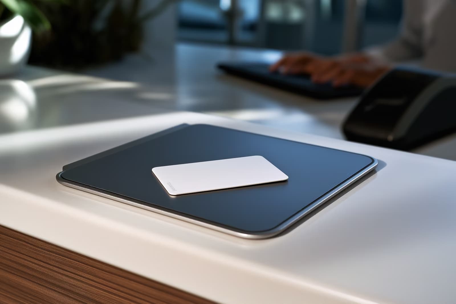 Serin gün ışığında, bir devlet dairesi tezgahında parmak izi okuyucusunun yanında duran çipli oturma izni kartı.