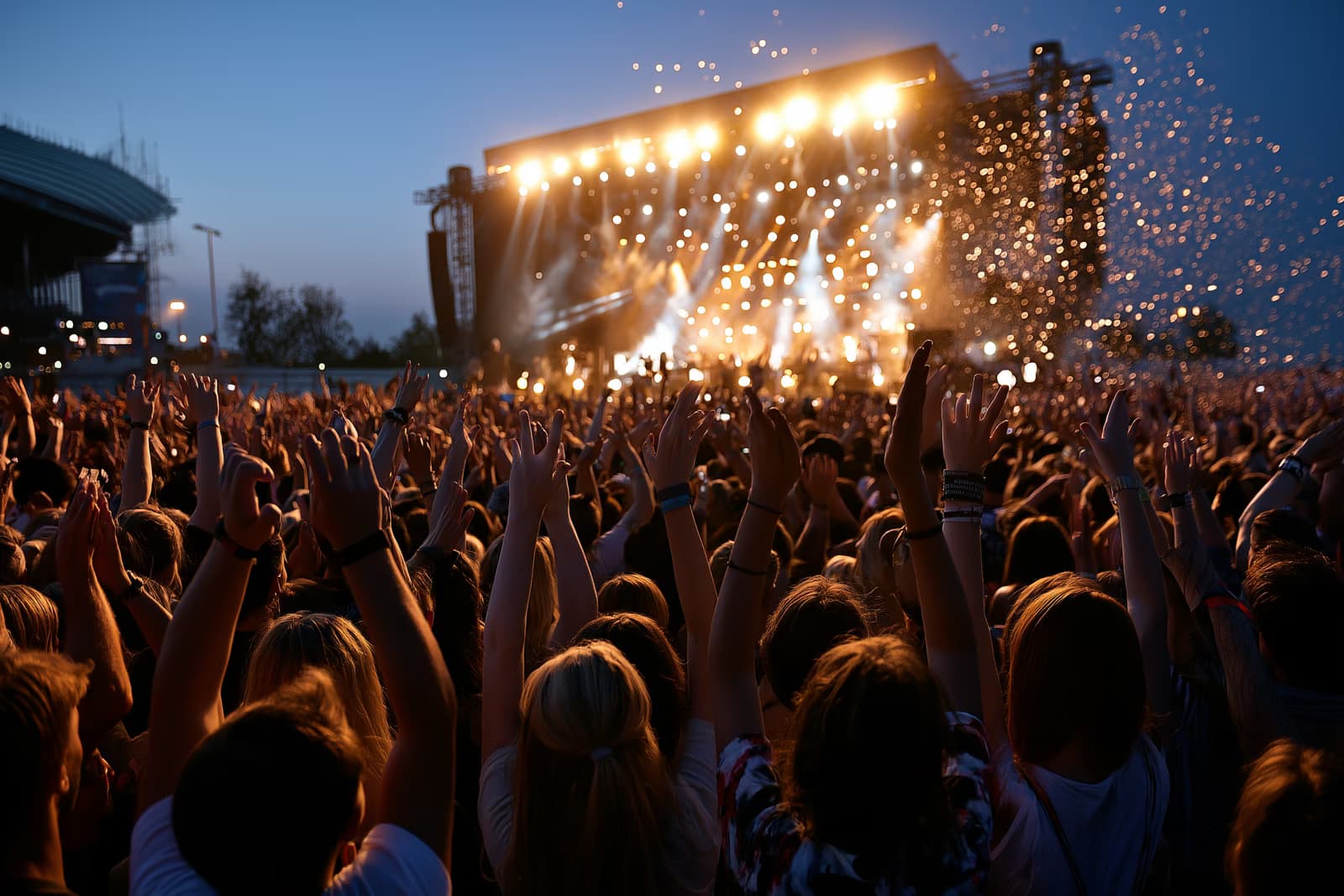 Berlin'deki Olympiapark'ta düzenlenen Lollapalooza festivalinde, gece vakti ışıl ışıl parlayan ana sahnenin önünde ellerini havaya kaldırmış devasa bir festival kalabalığı.