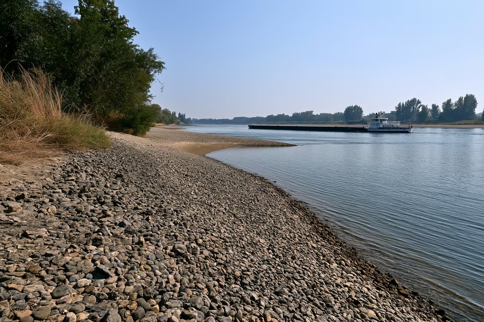 Daralmış Ren Nehri üzerinde, kum tepelerinin belirginleştiği bir ortamda, alçakta duran ve az yük taşıyan bir kargo mavnası.